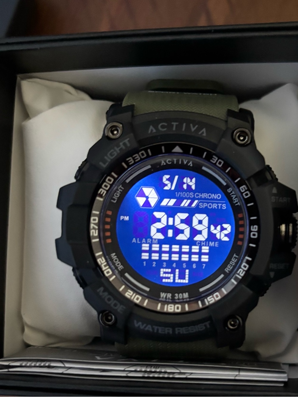 Activa Digital Sports Watch - Green Strap, Black Case, Blue Display new Monet